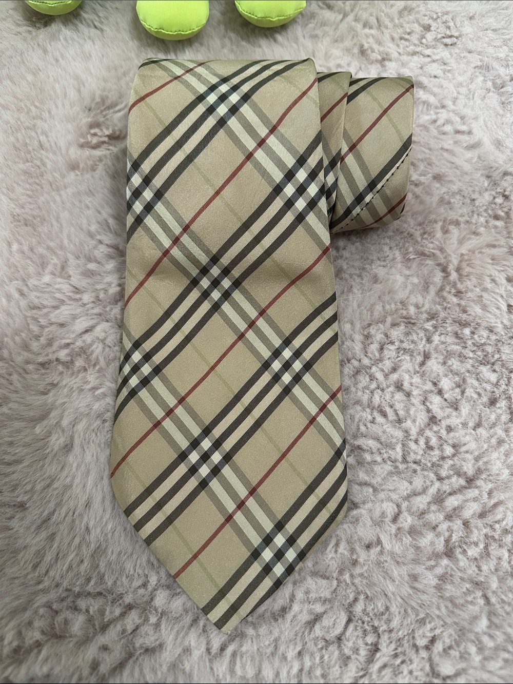 Burberry Beige Plaid Silk Tie with Black, White and Red Accents